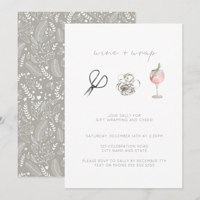 Watercolor Wine & Wrap Weihnachtsfeier Einladung (Vorne/Hinten)