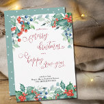 Watercolor Winter Berries Holly Calligraphy Feiertagskarte<br><div class="desc">Wasserfarbene Winterbeeren und heilige Weihnachtskarte mit Wirbler Kalligraphie. Dieses Design umfasst Winterbeeren,  Heilige,  Kiefer und immergrüne Wintergärten. Eine schöne Wahl und leicht zu personalisieren.</div>