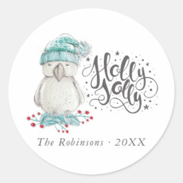 Watercolor Winter Bird Holly Jolly Weihnachten Runder Aufkleber