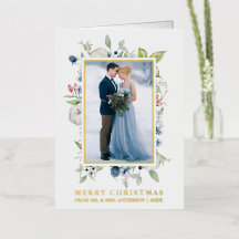 Watercolor Winter Blue Floral Newlyweds Gold
