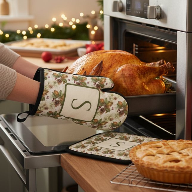 Watercolor Winter Botanical Pattern Ofenhandschuh & Topflappen-Set (Holiday monogram oven mitt set)