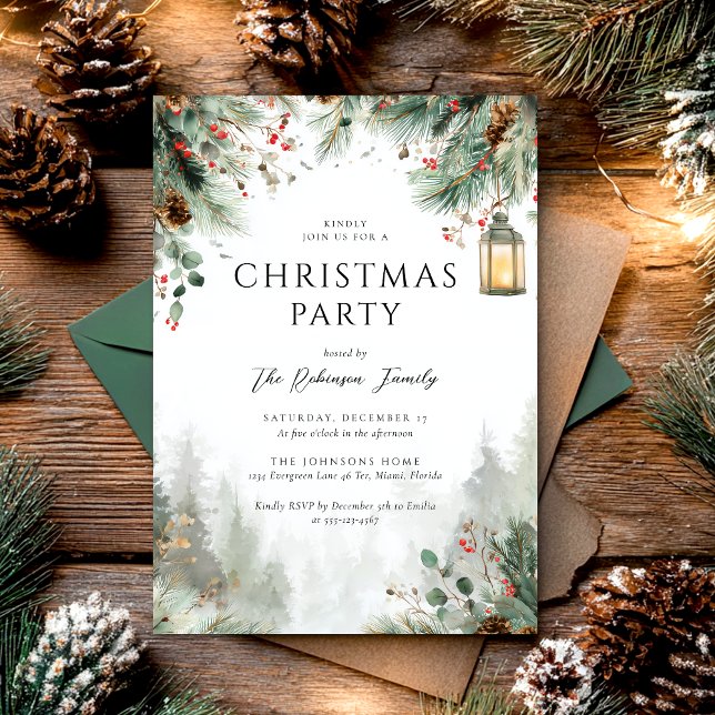 Watercolor Winter Christmas Party Greenery  Einladung (Von Creator hochgeladen)