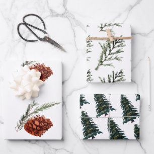 Watercolor Winter Christmas Tree Branch Cones Geschenkpapier Set