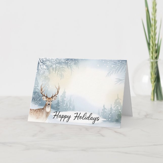 Watercolor Winter Deer Happy Holidays Card Karte (Vorderseite)