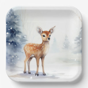Watercolor Winter Fawn Pappteller