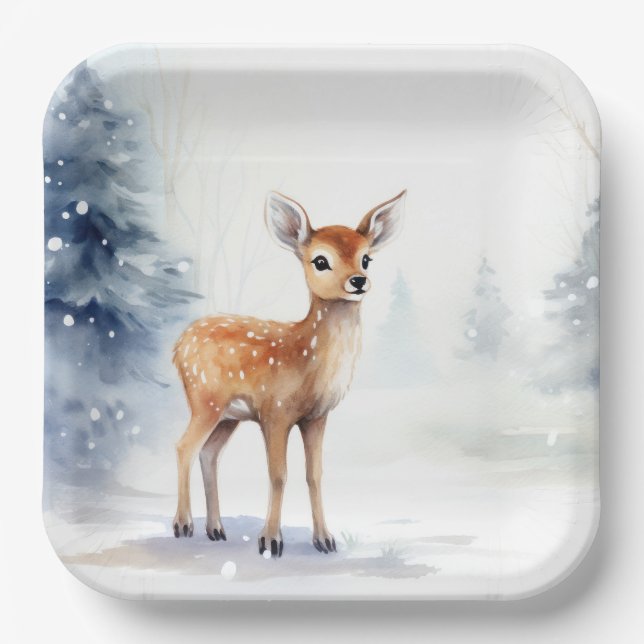 Watercolor Winter Fawn Pappteller (Vorderseite)