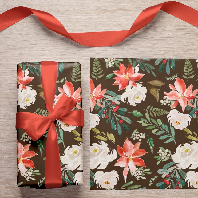 Watercolor Winter Floral Holly Berry Muster Brown Geschenkpapier (The ribbon can be purchased separately - please see the collection)