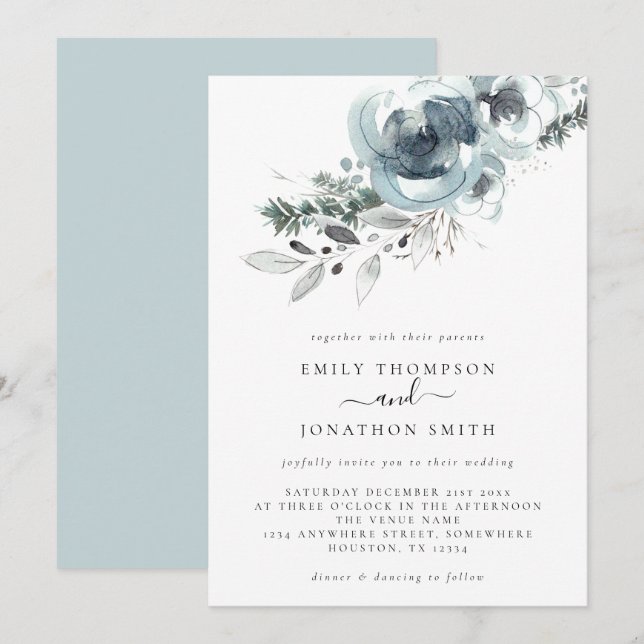Watercolor Winter Florals Weihnachtsfeier Einladung (Vorne/Hinten)