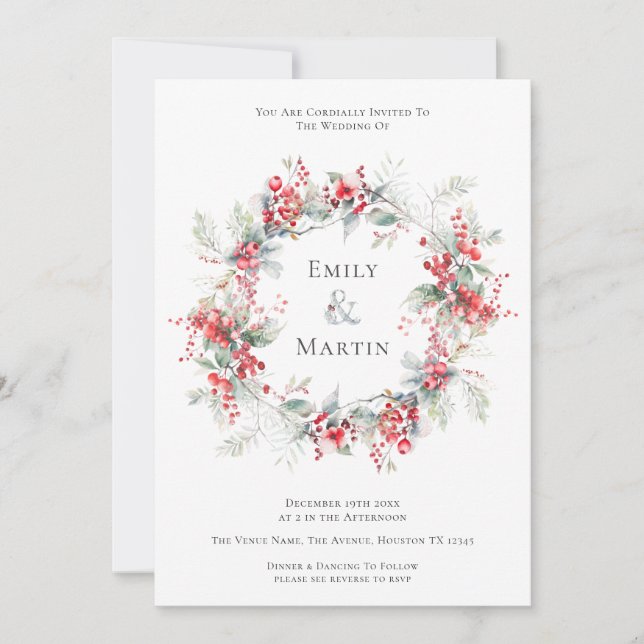 Watercolor Winter Foliage Berries Wreath Wedding Einladung (Vorderseite)