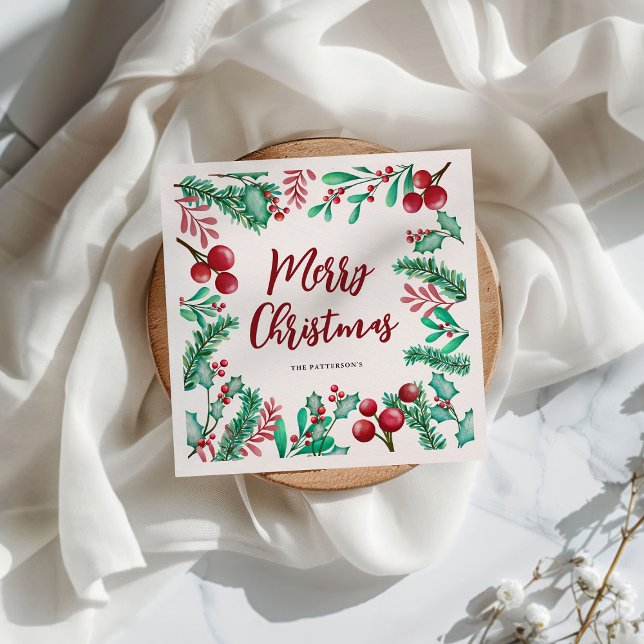 Watercolor Winter Foliage Frohe Weihnachten Serviette (Von Creator hochgeladen)