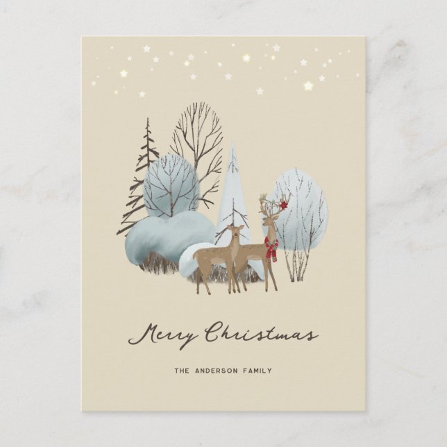Watercolor Winter Forest Deer Frohe Weihnachten (Vorderseite)