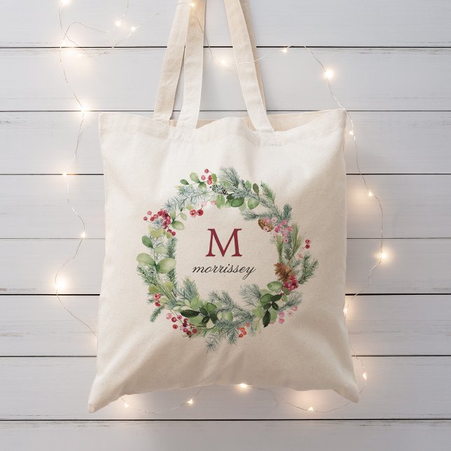 Watercolor Winter Greenerity Wreath Monogram Tragetasche (Watercolor Winter Greenery Wreath Monogram Tote Bag)