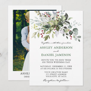 Watercolor Winter Greenery Foto Hochzeit Einladung