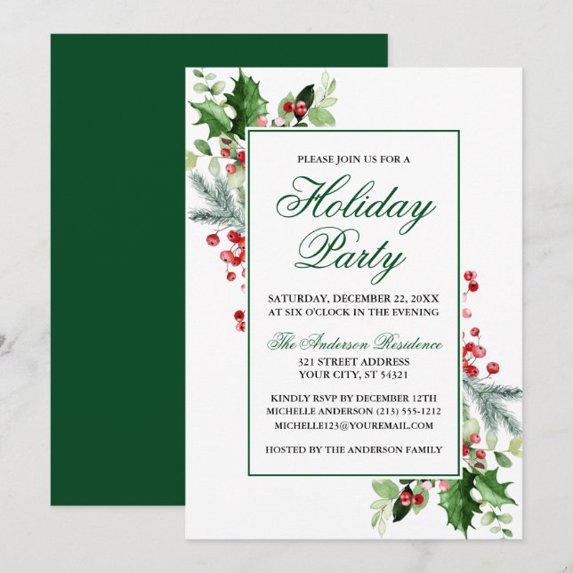 Watercolor Winter Greenery Holly Holiday Party Einladung (Vorne/Hinten)