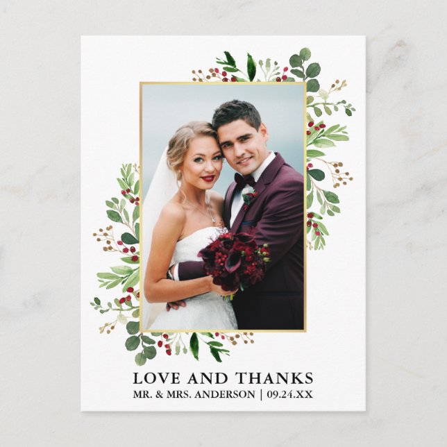 Watercolor Winter Greenery Liebe dank Gold Postkarte (Vorderseite)