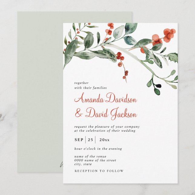 Watercolor Winter Greenery & Red Berries Wedding Einladung (Vorne/Hinten)