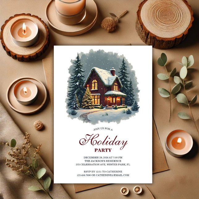 Watercolor Winter House Neujahrsparty Einladung (Watercolor Winter House New Year Holiday Party Invitation)