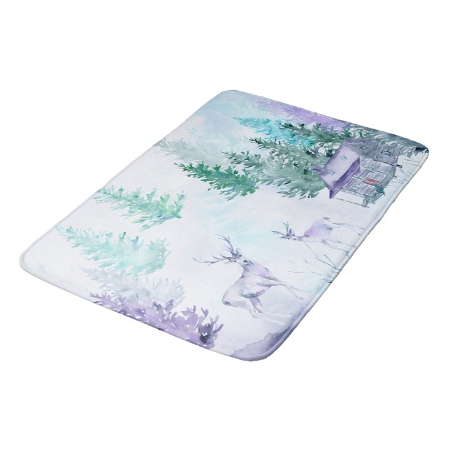 Watercolor Winter Landscape Happy Holidays Badematte (Schrägansicht)