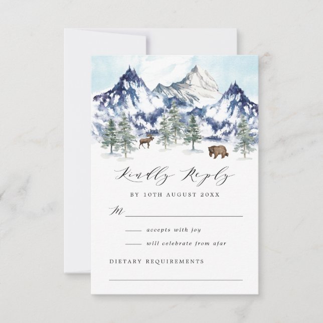 Watercolor Winter Mountain Forest Wedding RSVP Karte (Vorderseite)