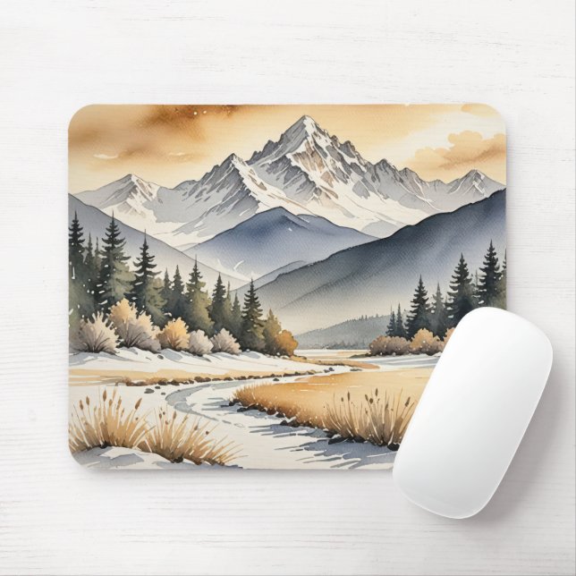 Watercolor Winter Mountain Valley Mousepad (Mit Mouse)