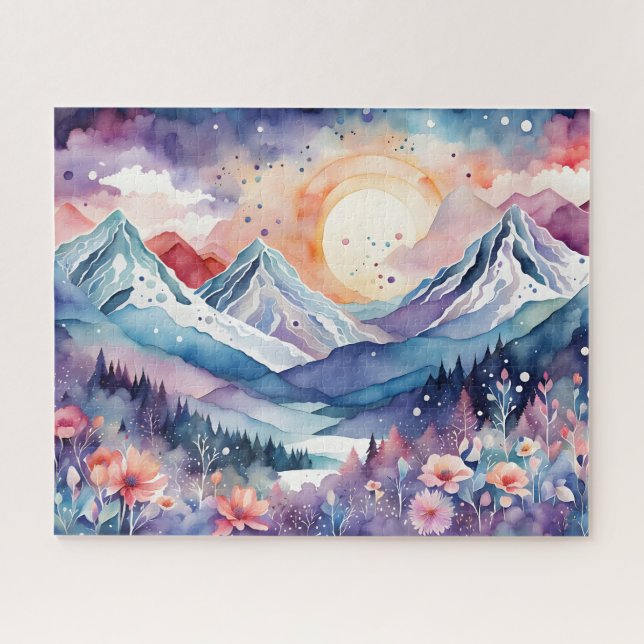 Watercolor Winter Mountains Boho Ästhetische Puzzl (Horizontal)