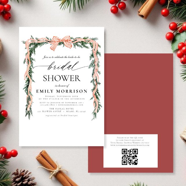 Watercolor Winter Red Bow QR Code Bridal Shower Einladung (Von Creator hochgeladen)