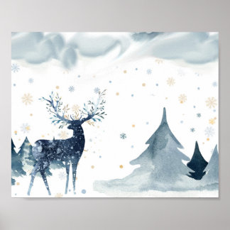 Watercolor Winter Rentier Scene Poster