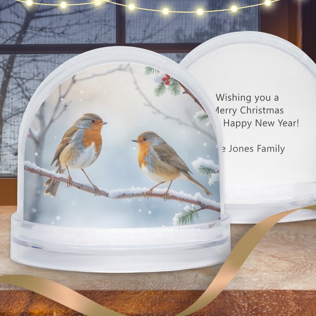 Watercolor Winter Robins Snow Globe (A pretty snow globe with winter robins design in a watercolor style, and custom text on the back)