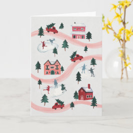 Watercolor Winter Village Scene Holiday Card Karte
