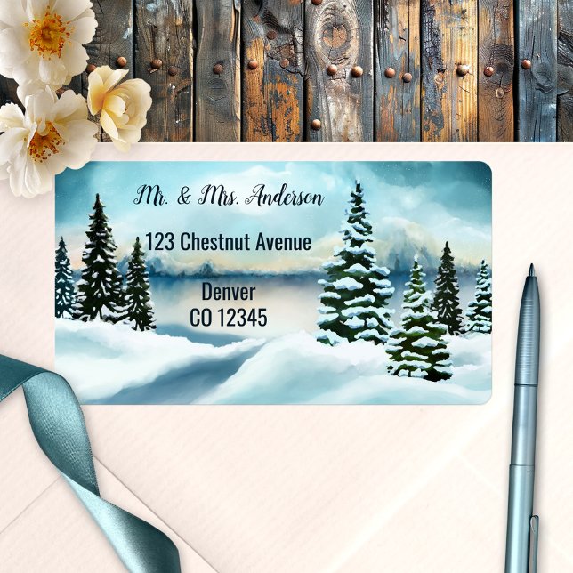 Watercolor Winter Wedding Address Label Adressaufkleber (Address label featuring a watercolor painting of a winter wonderland scene)