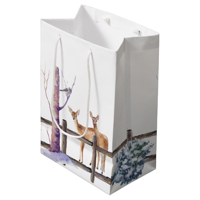 Watercolor Winter Wildlife Birds Snow Scene Mittlere Geschenktüte (Vorderseite Schrägansicht)