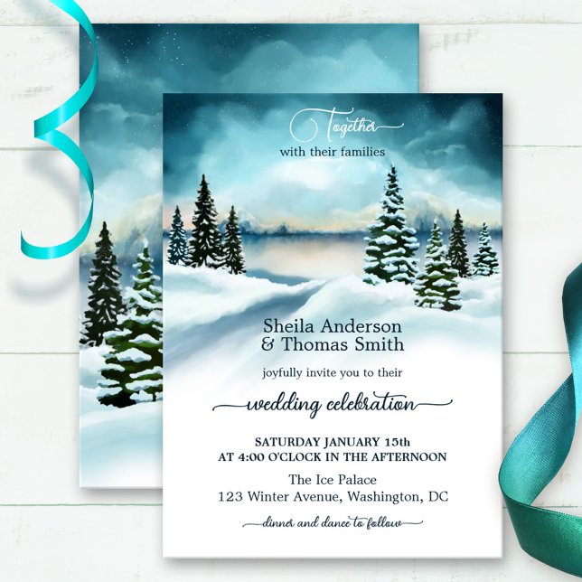 Watercolor Winter Wonderland Hochzeit Einladung (Winter wedding invitation featuring a watercolor painting in a snow covered landscape with pine tree)