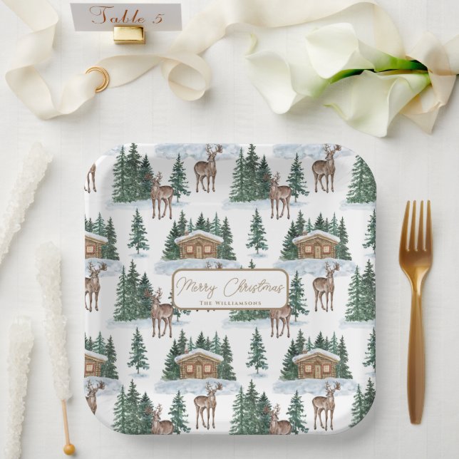 Watercolor Winter Wonderland Rustic Barn Christmas Pappteller (Hochzeit)