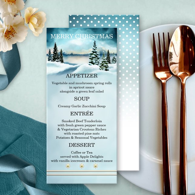 Watercolor Winter Wonderland Weihnachtsmenü Menükarte (Christmas menu card featuring a watercolor winter wonderland scene with snow capped pine trees)