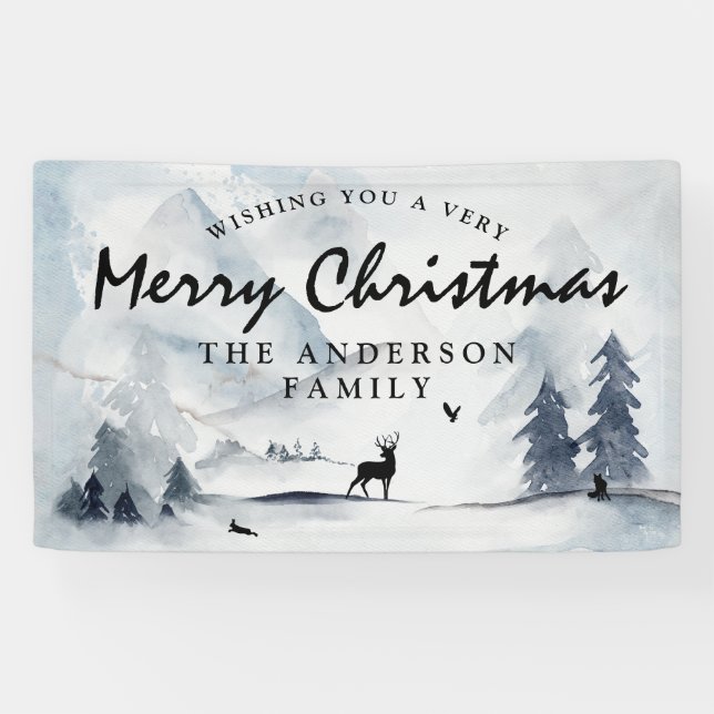 Watercolor Winter Woodland Frohe Weihnachten Banner (Horizontal)