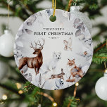 Watercolor Winter Woodland Wildlife 1. Weihnachten Keramik Ornament<br><div class="desc">Bewahren Sie 'Erste Weihnachtszeit' auf. Unser Design verfügt über einen botanischen botanischen Blattrahmen mit Aquarelltieren (Hirsch,  Fuchs,  Hasen,  Schneefach,  Eule und Rotkehlchen),  Name und Jahr.</div>
