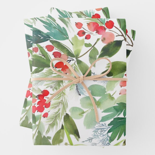 Watercolor Winterberry Holly Pattern Weihnachten Geschenkpapier Set (Beispiel)