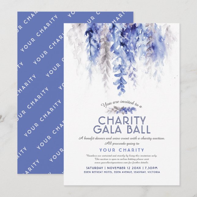 Watercolor Winterblauer Abend Wohltätigkeit Gala Einladung (Vorne/Hinten)