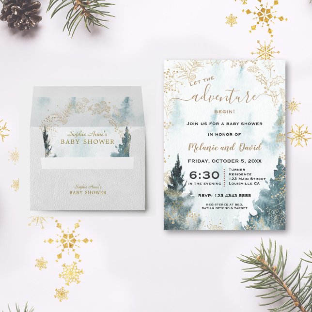 Watercolor Winterlandschaft Gold Wreath Baby Dusch Einladung (winter evergreen pine baby shower invitation, trendy winter baby shower, green gold baby shower )