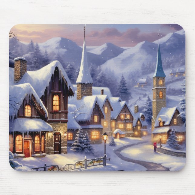 Watercolor Winterlandschaft Weihnachtsdorf Mousepad (Vorne)