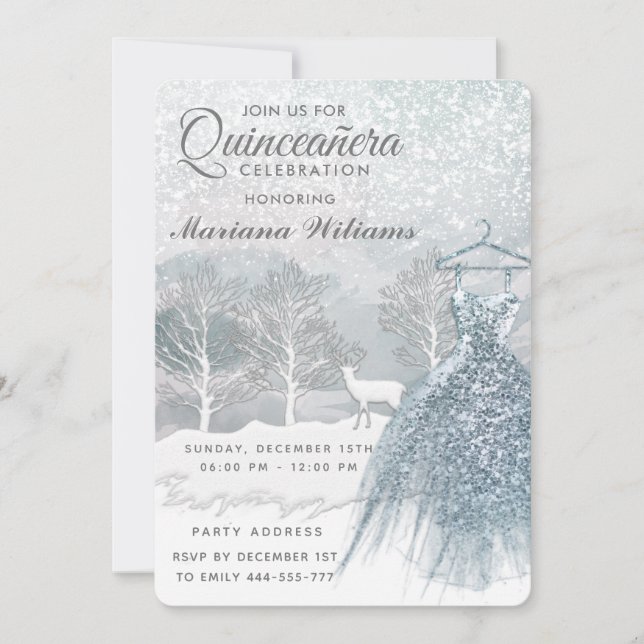 Watercolor Winterszene blaues Kleid Quinceañera Einladung (Vorderseite)
