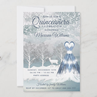 Watercolor Winterszene blaues Kleid Quinceañera Einladung