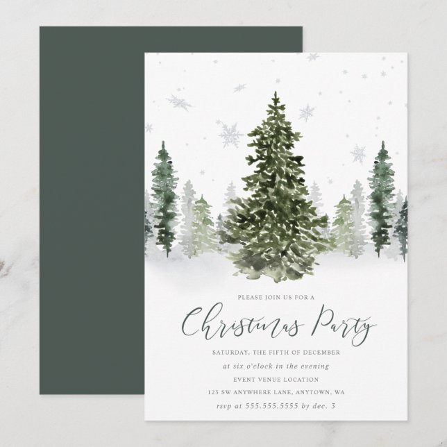 Watercolor Winterwald Weihnachten Party Einladung (Vorne/Hinten)