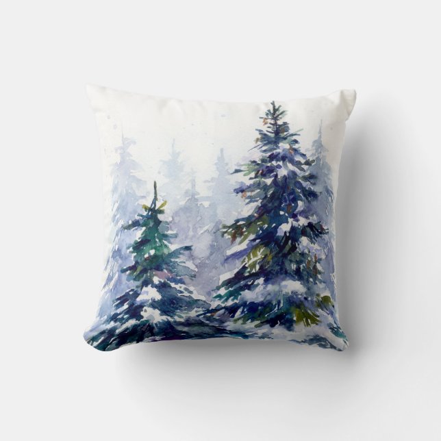 Watercolor Winterwald Weihnachtsbaum modern schlec Kissen (Vorderseite)