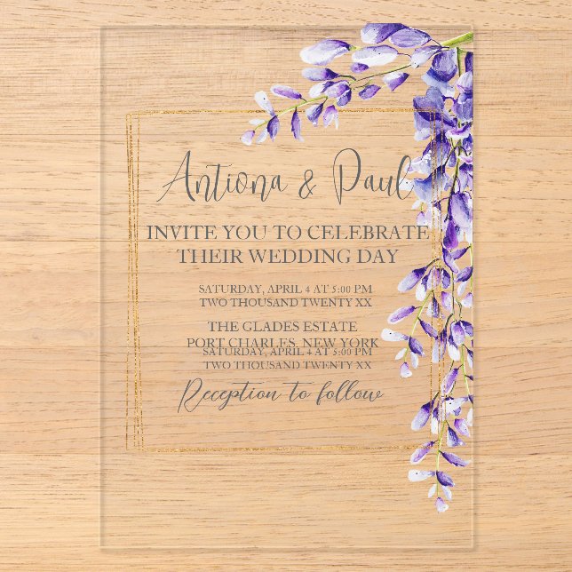 Watercolor Wisteria Blooms Wedding Acryleinladungen (Vorderseite)