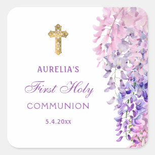 Watercolor-Wisteria-Erstkommunion Quadratischer Aufkleber