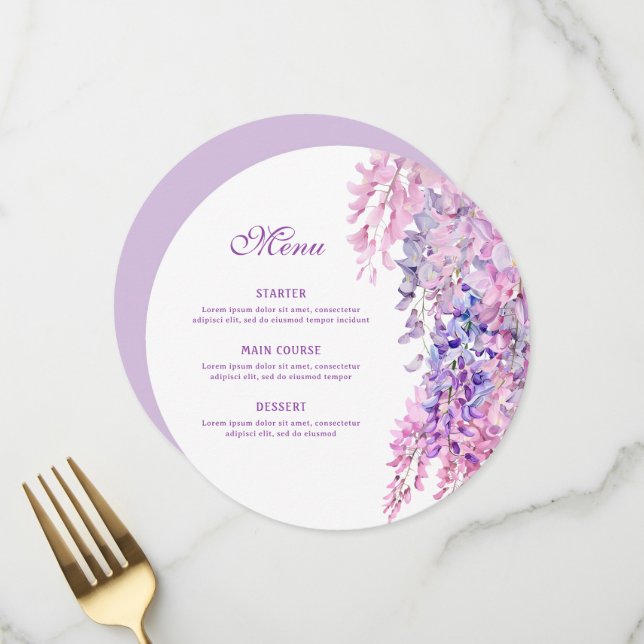 Watercolor Wisteria Round Menükarte (Vorderseite/Rückseite Beispiel)