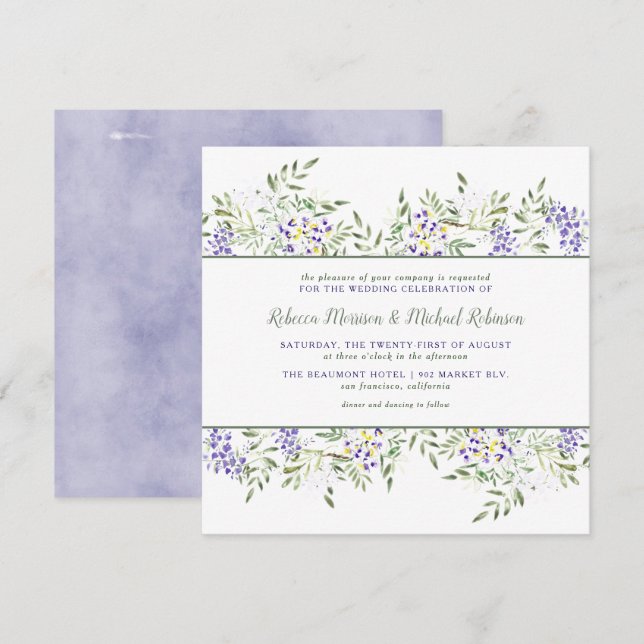 Watercolor Wisteria Wedding Einladung | Quadrat (Vorne/Hinten)