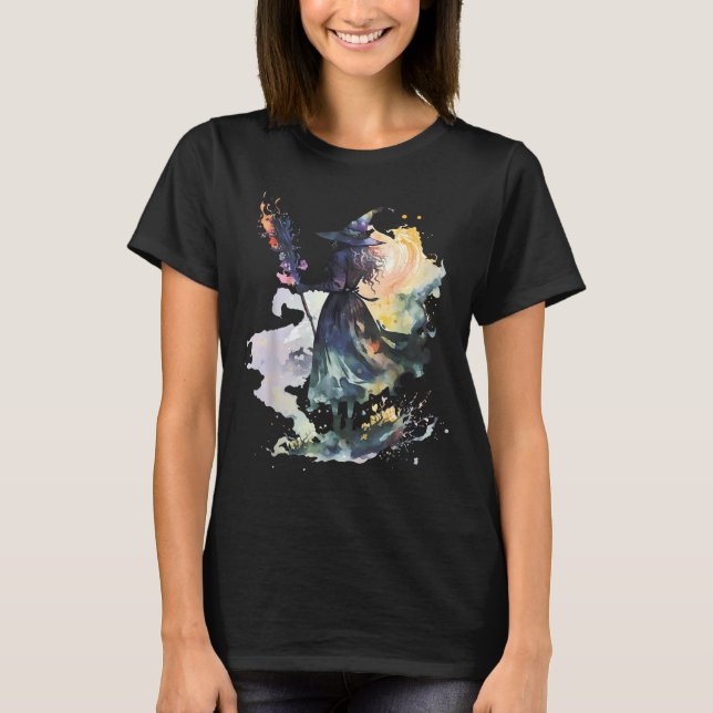 Watercolor Witch Halloween Fall Autumn Art Paintin T-Shirt (Vorderseite)