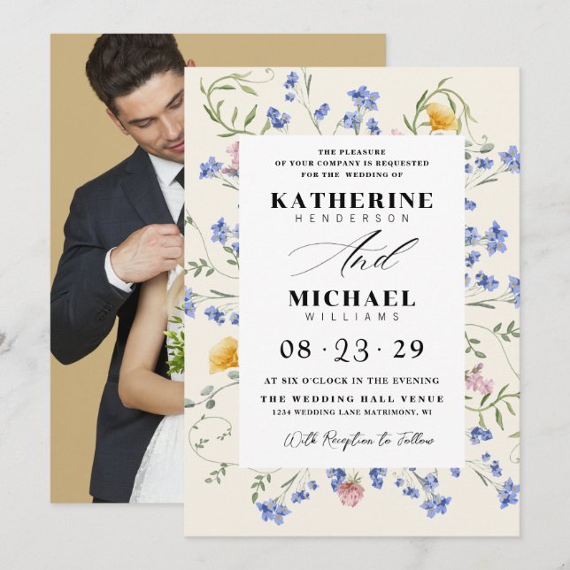 Watercolor Wldflowers Meadow & Add Photo Wedding Einladung (Vorne/Hinten)